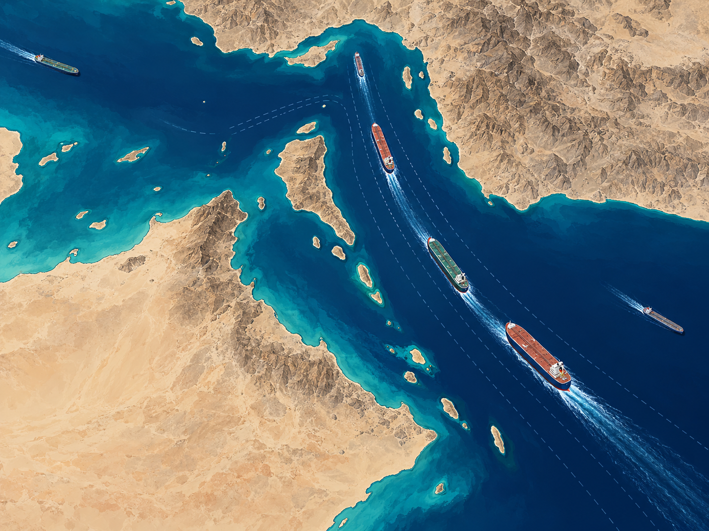 US Iran talks and Strait of Hormuz shipping route in an original editorial illustration