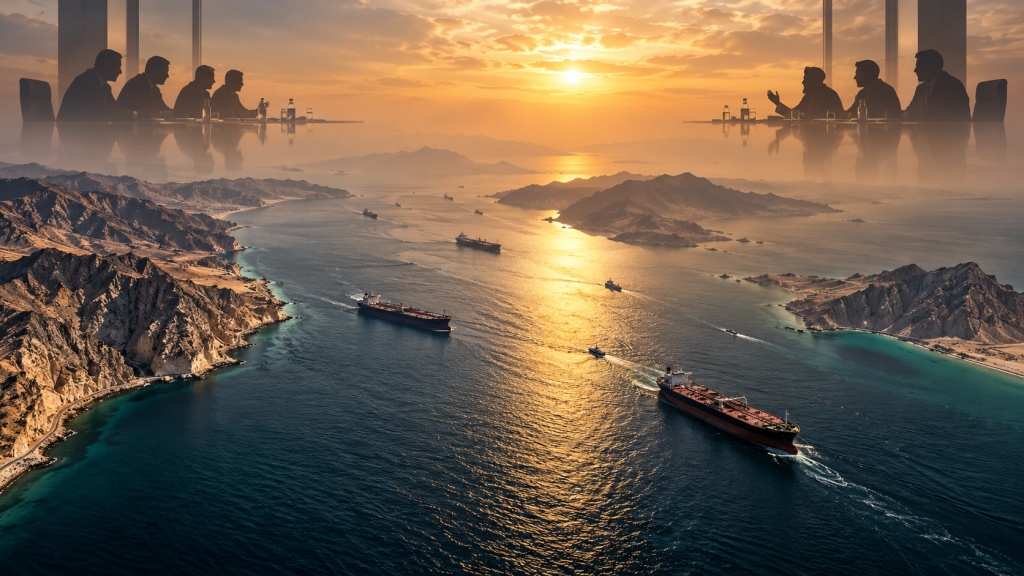US–Iran diplomacy over Strait of Hormuz, original editorial illustration