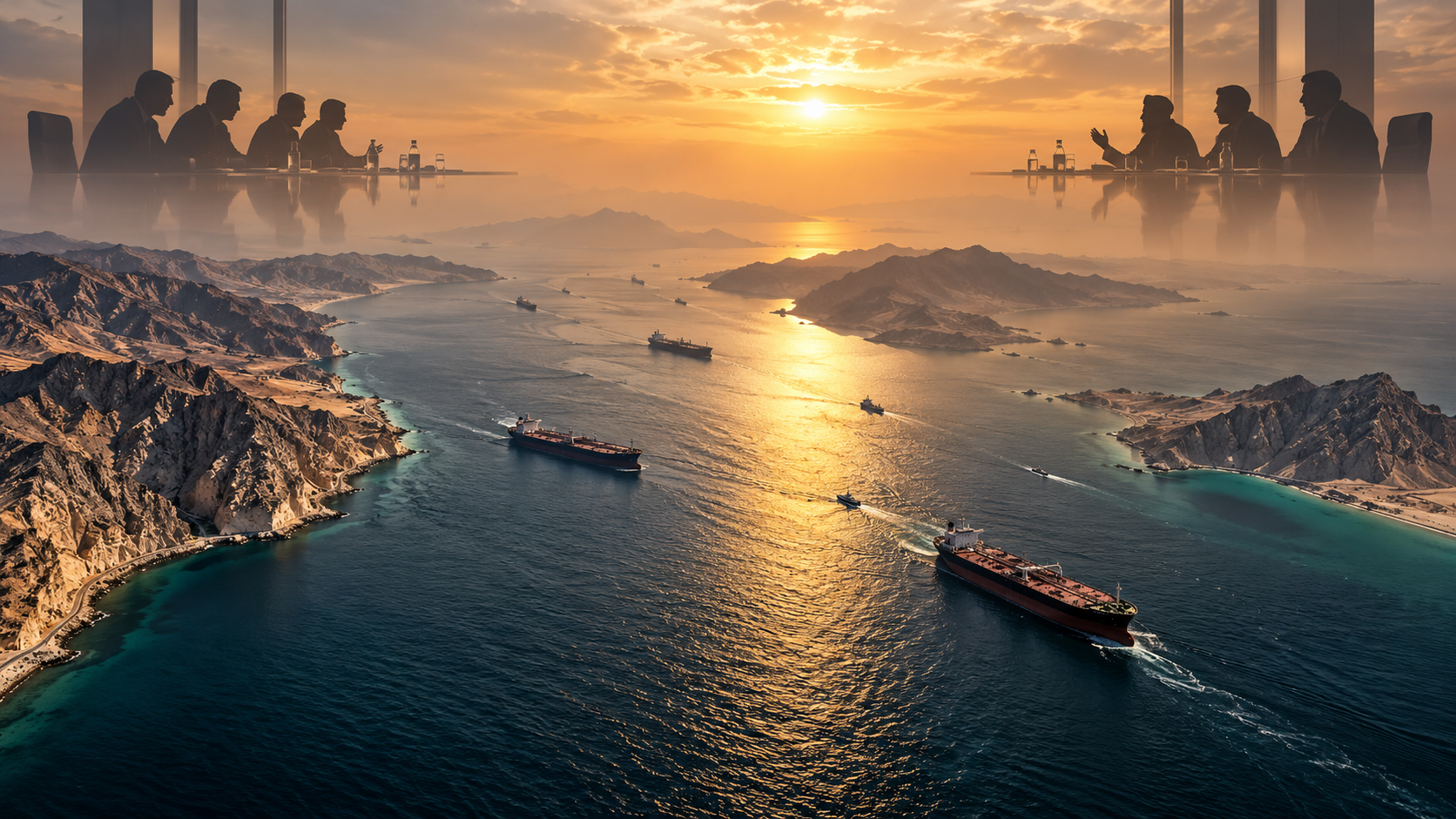 US–Iran diplomacy over Strait of Hormuz, original editorial illustration