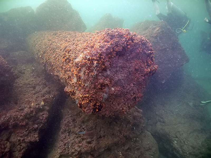 Ancient stone columns underwater near the former Lighthouse of Alexandria