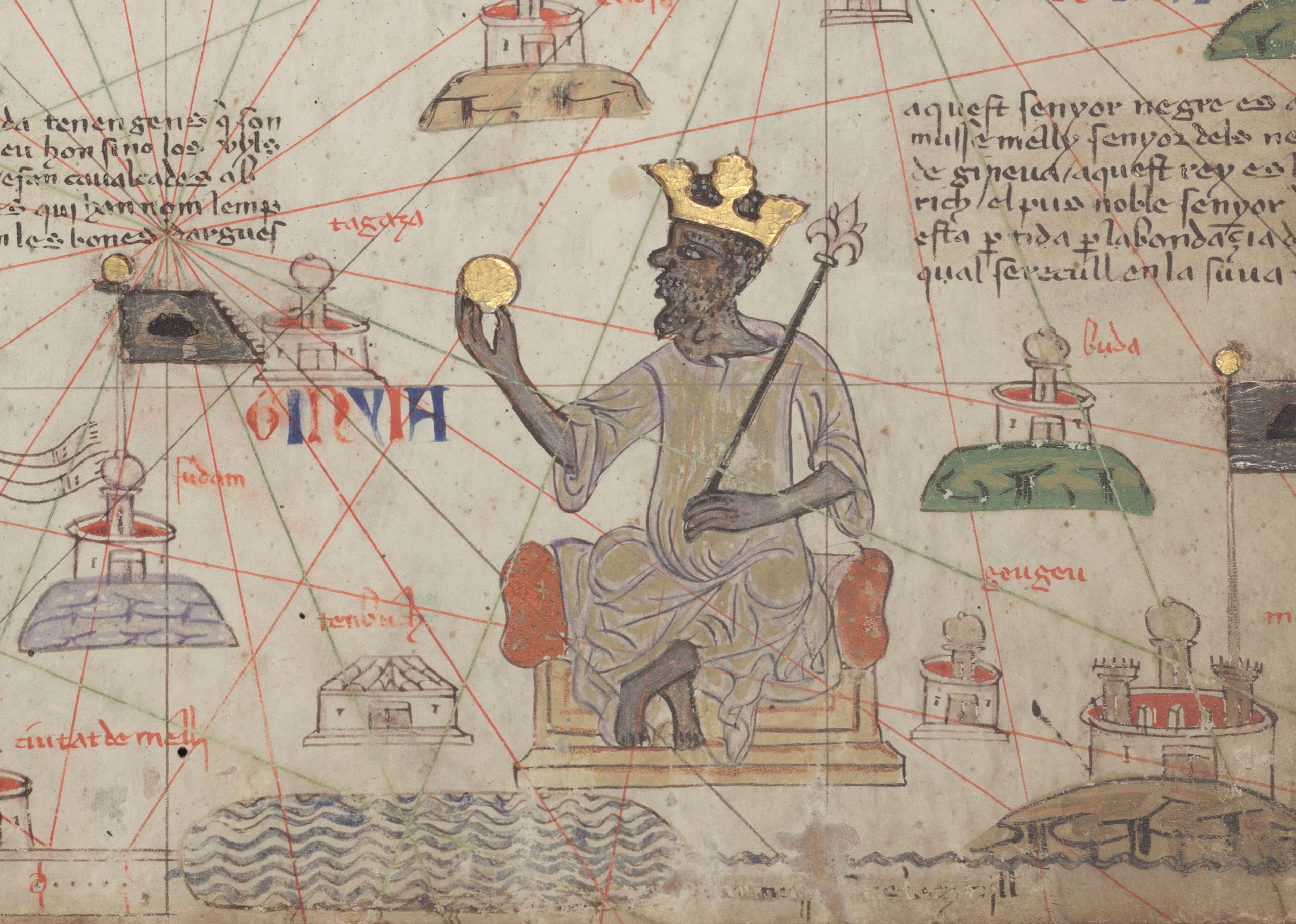 Detail from the 1375 Catalan Atlas showing Mansa Musa seated with a gold coin