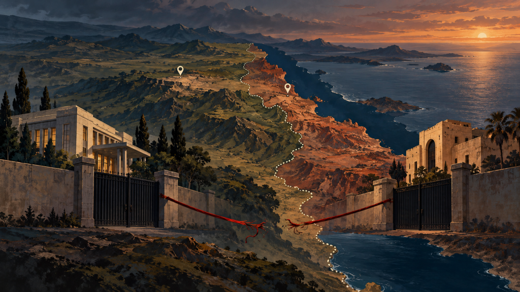 Editorial illustration of Ethiopia and Eritrea separated by a divided border and coastline in the Horn of Africa
