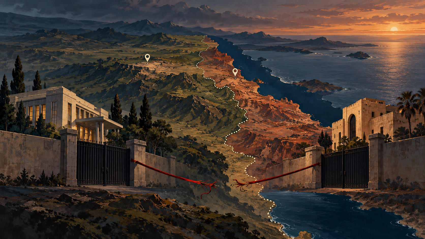 Editorial illustration of Ethiopia and Eritrea separated by a divided border and coastline in the Horn of Africa