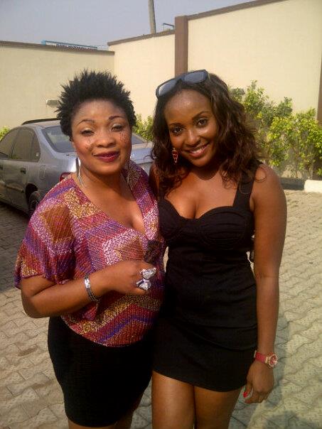 Laide Bakare and fellow actor Olaide Olaogun on a Lagos movie set in an archival photograph