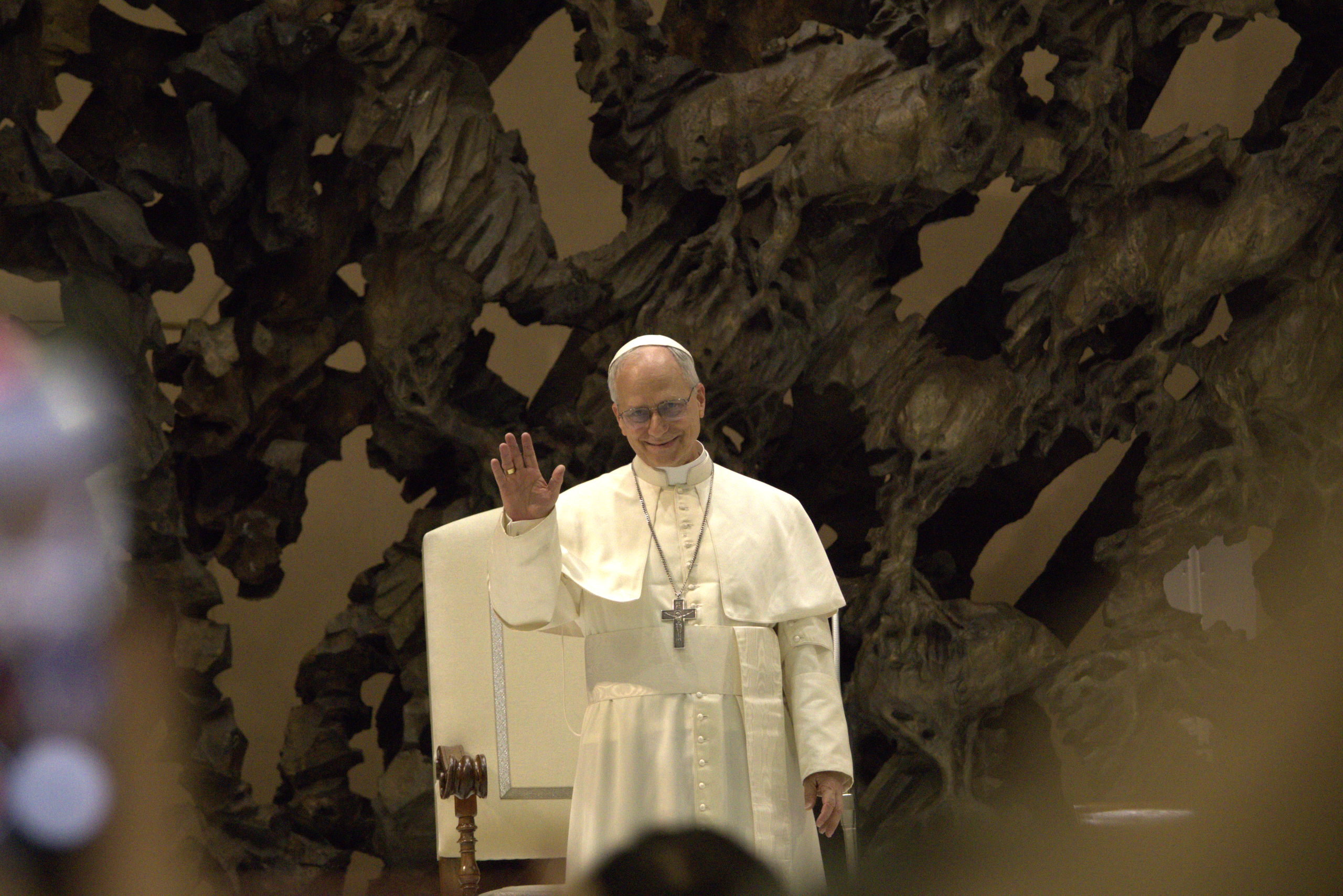 Pope Leo XIV during an audience with journalists in May 2025, an archival image unrelated to his October surgery
