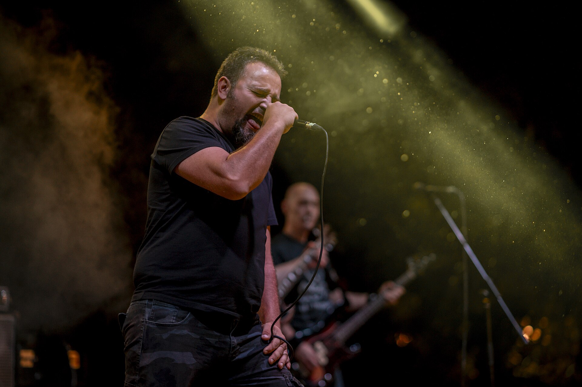 Illustrative live music performance Singer performing with a microphone as a guitarist plays behind him
