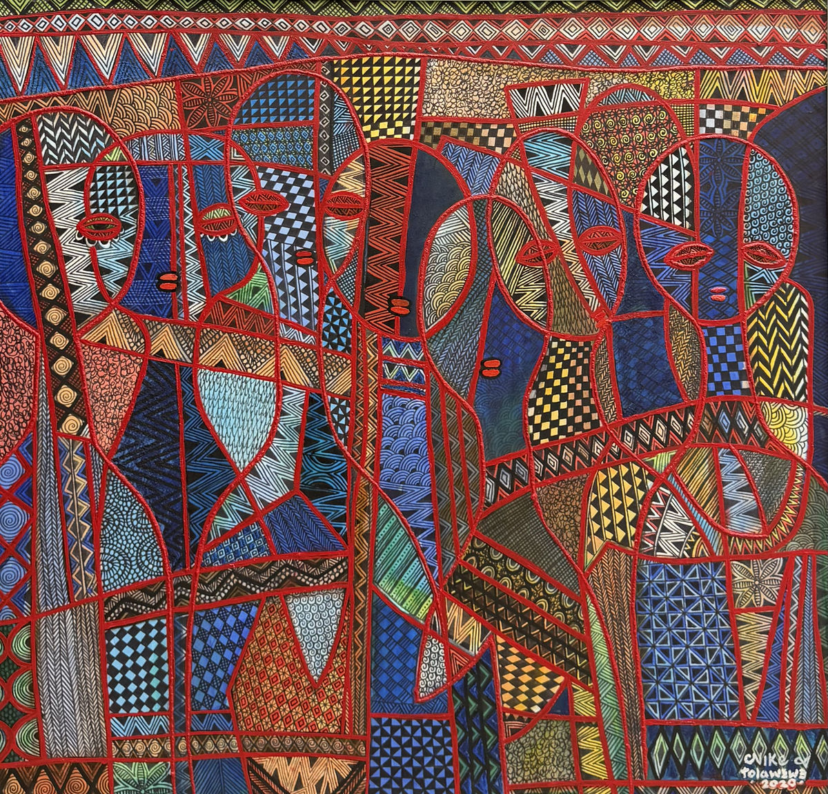 dada-gallery-cover Nike Okundaye Davies artwork In This Together, with layered faces, red outlines and bright geometric patterns