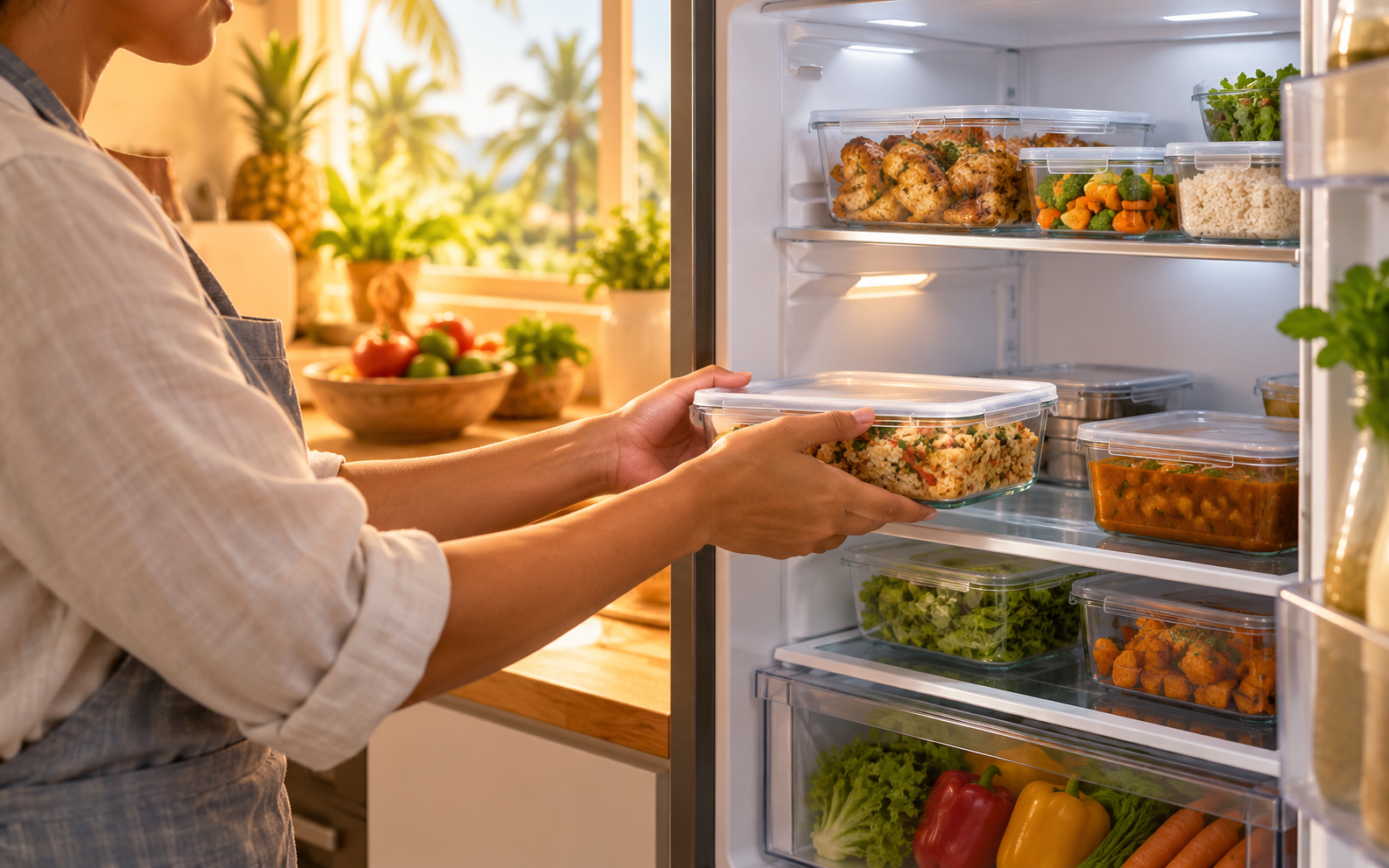 Illustration of a person placing food into a refrigerator to store leftovers safely.