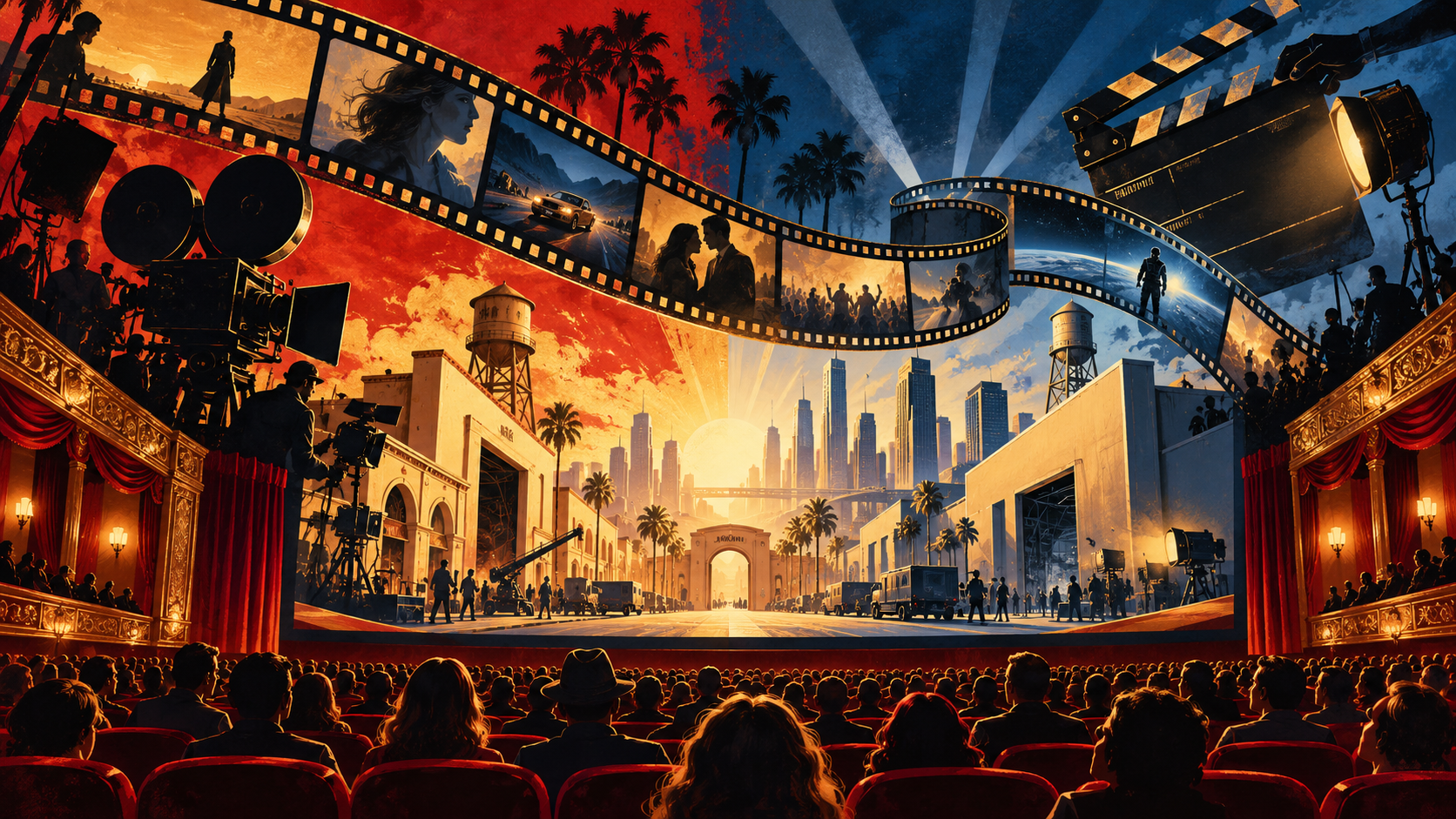 Hollywood movie industry 2026: cinematic illustration of a film camera, reels and a glowing screen