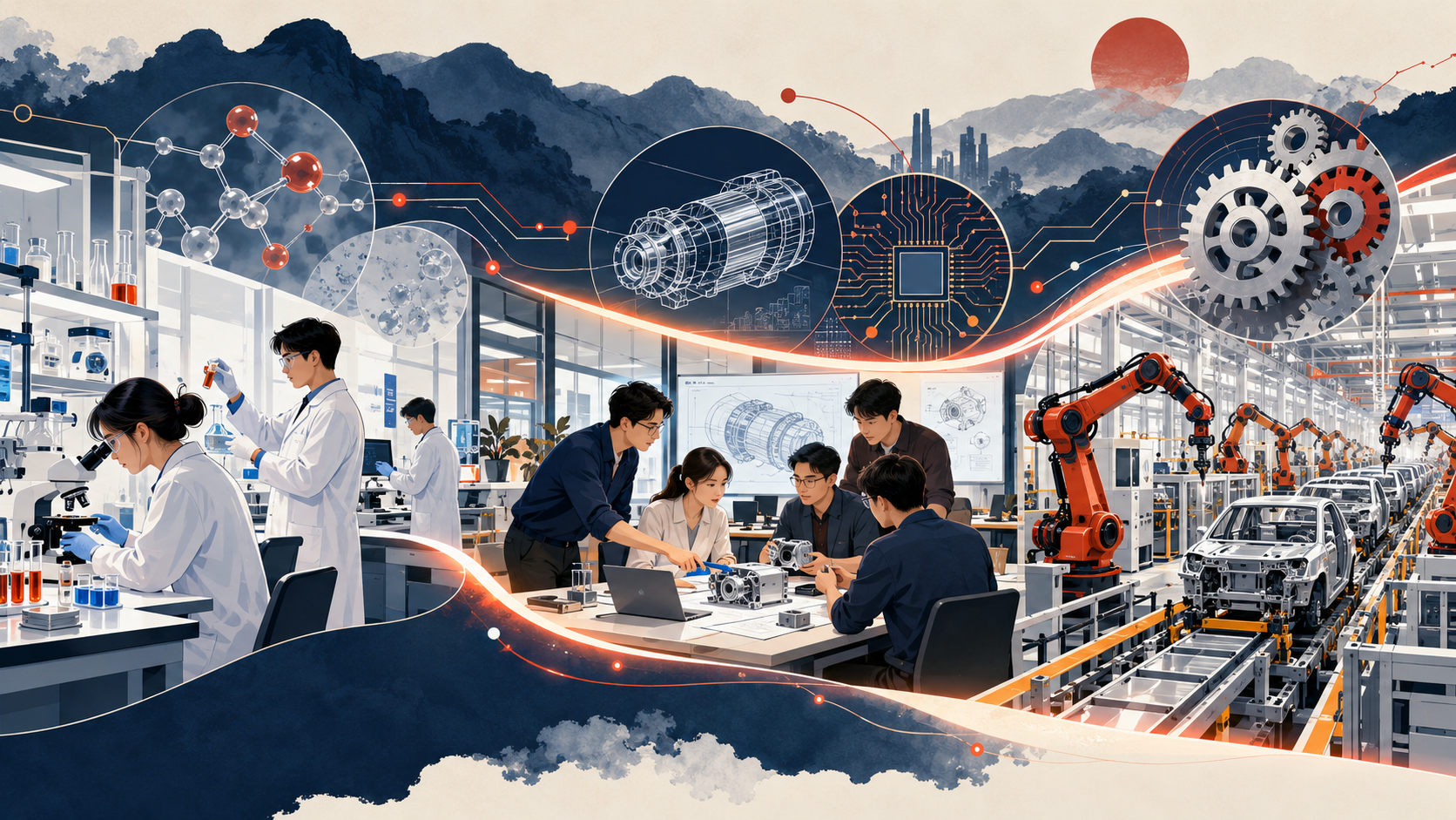 Editorial illustration tracing the pathway from university research through an engineering partnership to factory production under China’s new innovation policy.