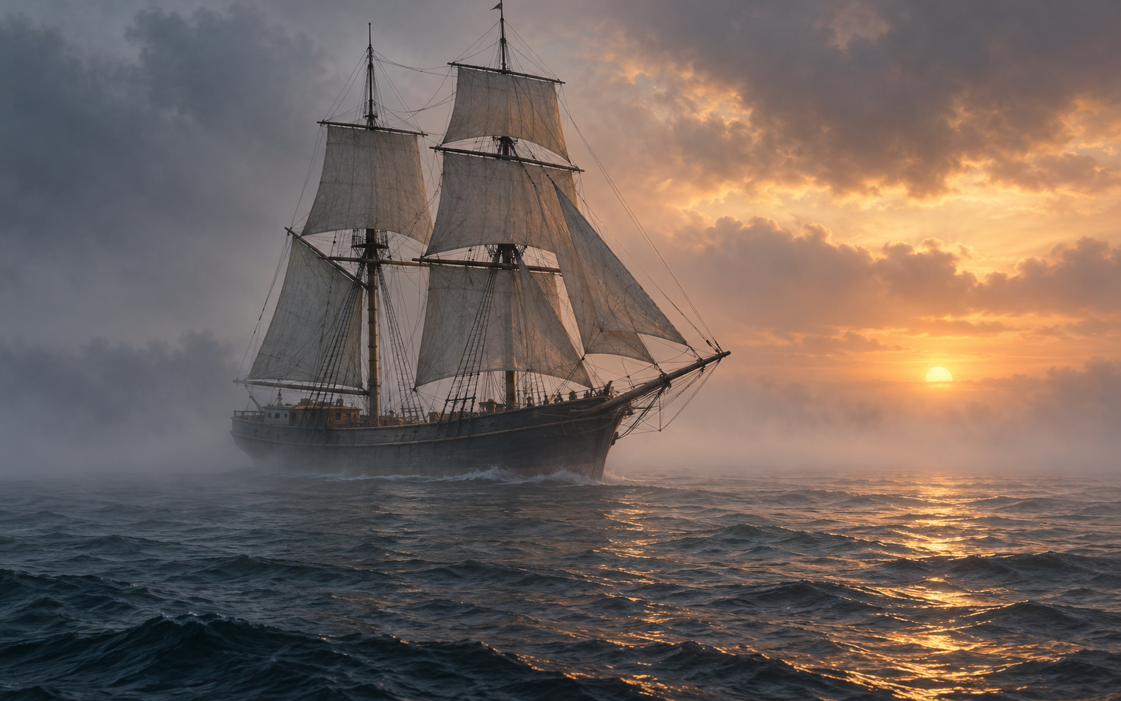 Illustration of the Mary Celeste sailing adrift without its crew, representing the unresolved 1872 maritime disappearance.
