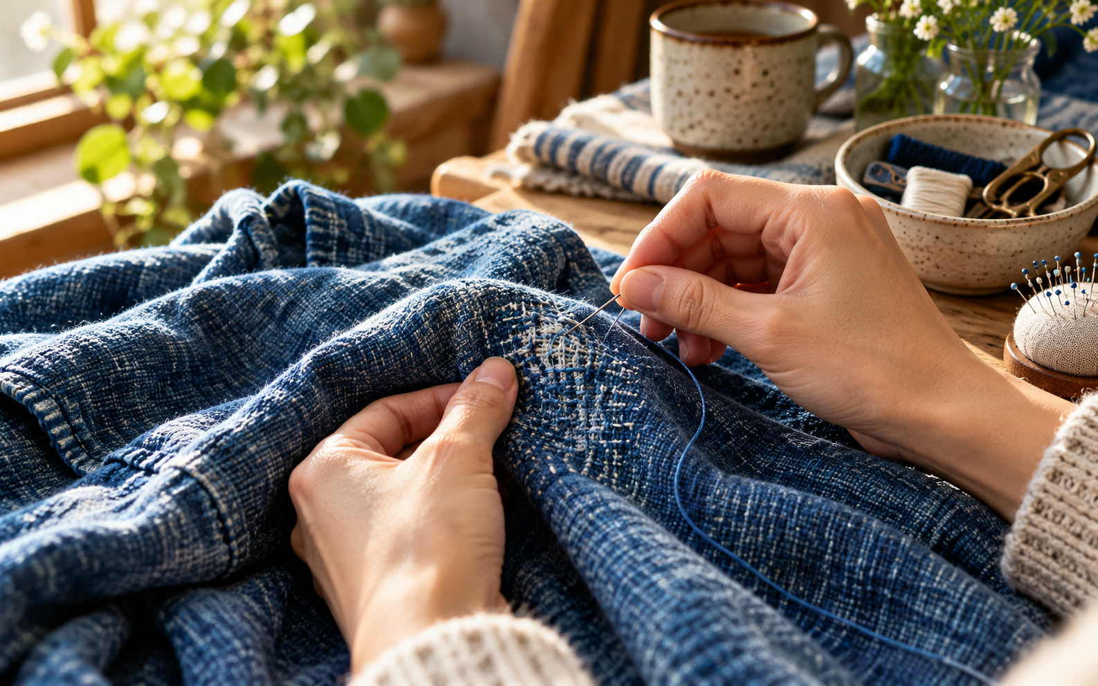 Illustration of hands stitching and repairing a garment, highlighting care for clothing and textile craft.