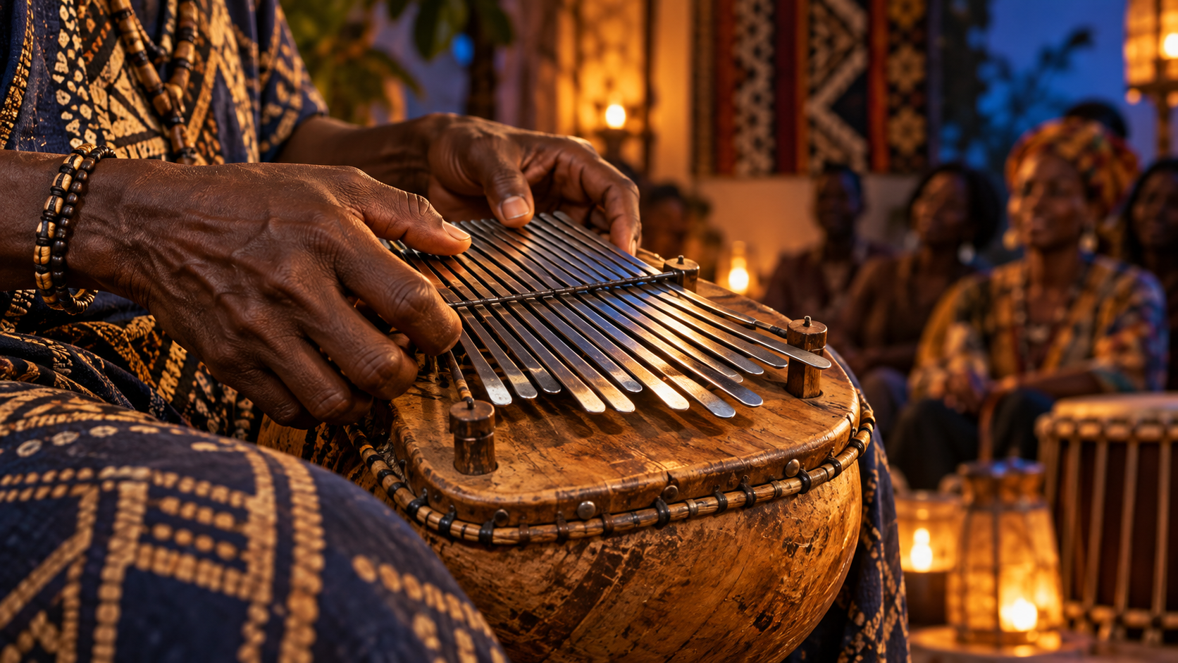 A Zimbabwean musician plays a mbira thumb piano with interlocking metal keys