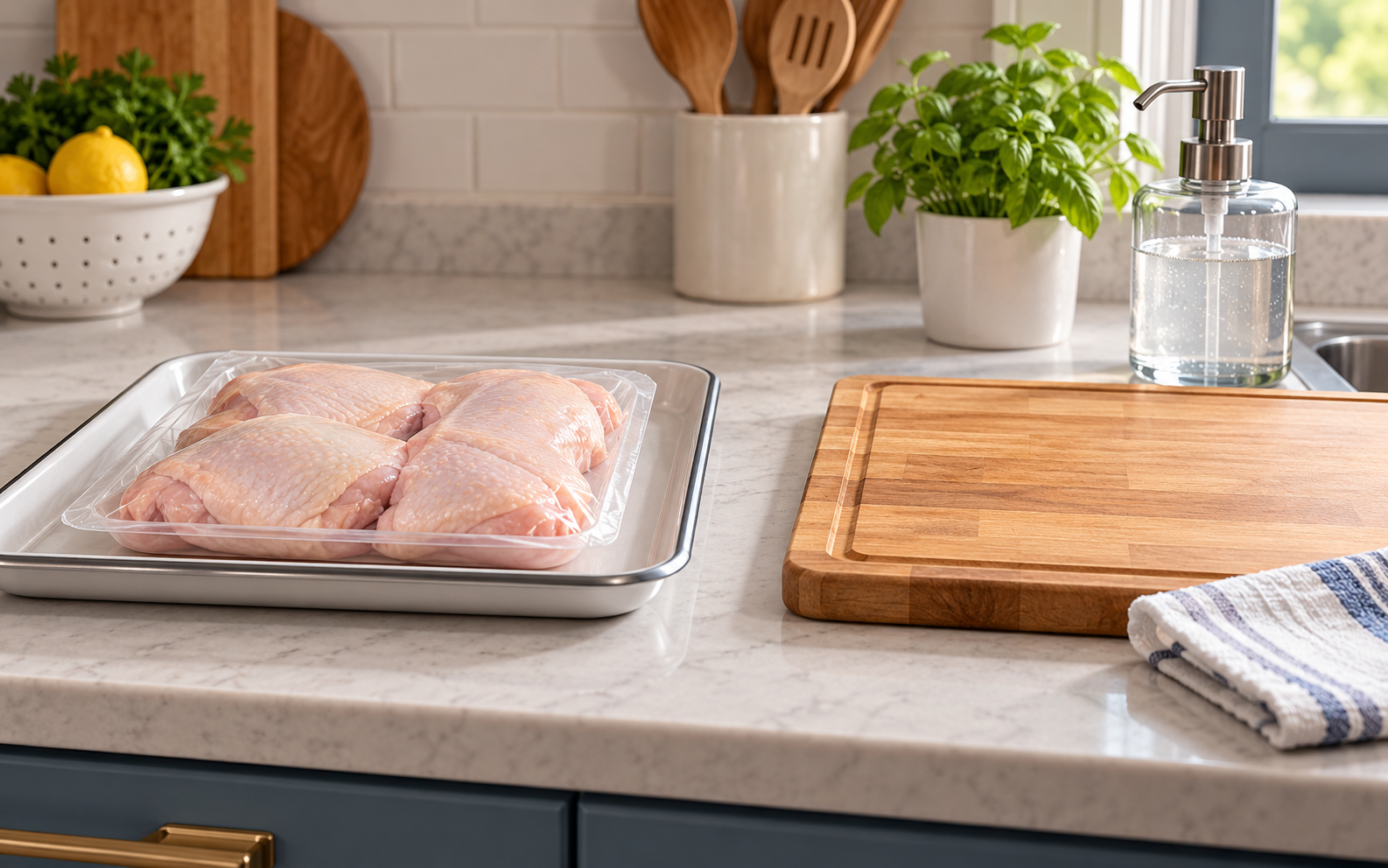Conceptual illustration of raw poultry on a kitchen counter, emphasizing careful separation from ready-to-eat food.