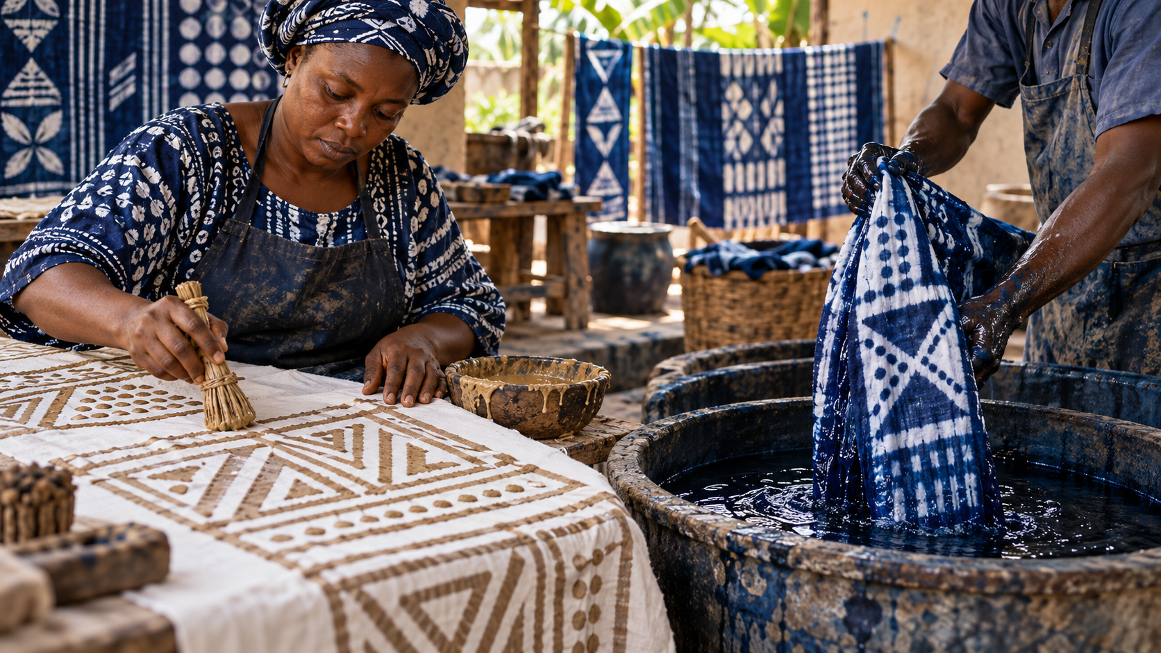 Yoruba artisan creates an indigo Àdìrẹ resist-dyed cotton pattern in a textile workshop