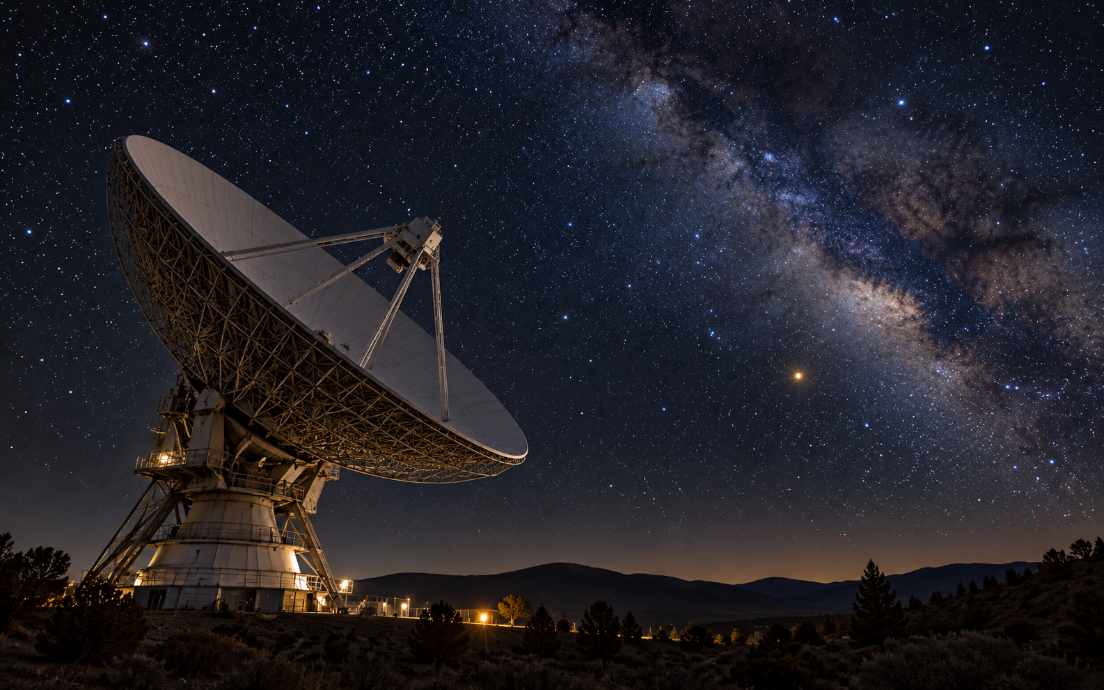 Illustration of a star field and radio telescope dish, representing the unexplained 1977 Wow! Signal detection.