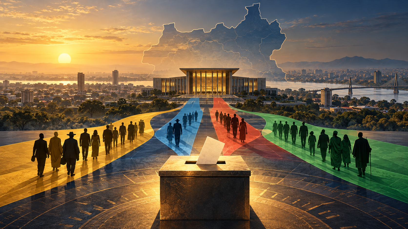 Original editorial illustration showing South Sudan’s election path toward the December 22 vote, with political institutions and coalition groupings in the foreground.