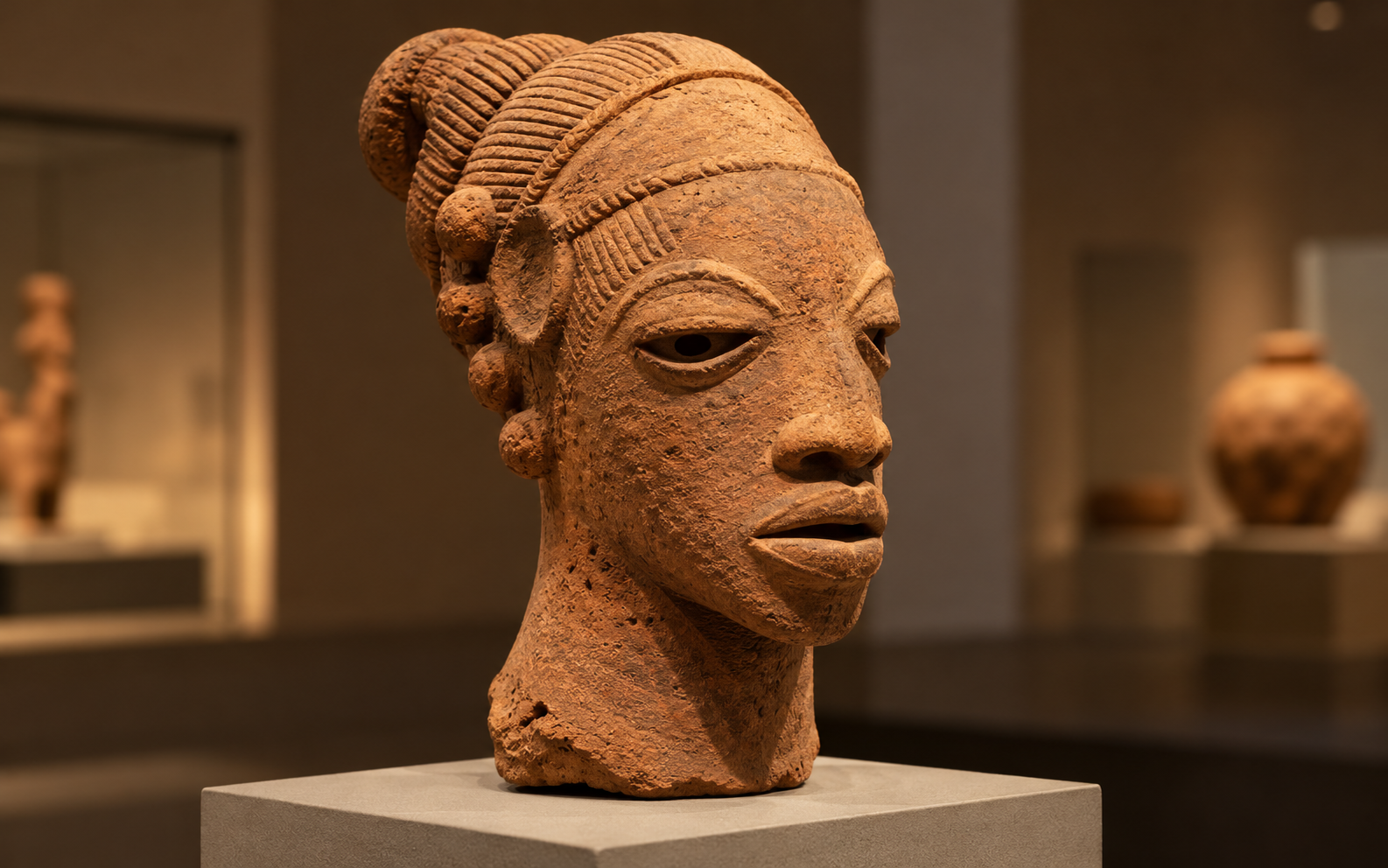 Illustration of Nok terracotta sculpture, highlighting expressive ancient Nigerian art and its archaeological context.