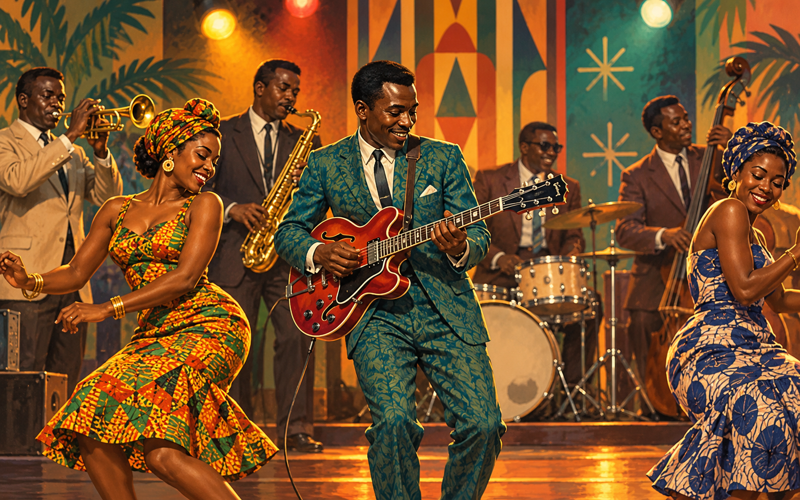 AI-generated illustration of a Ghanaian highlife dance band performing with a lead guitarist.