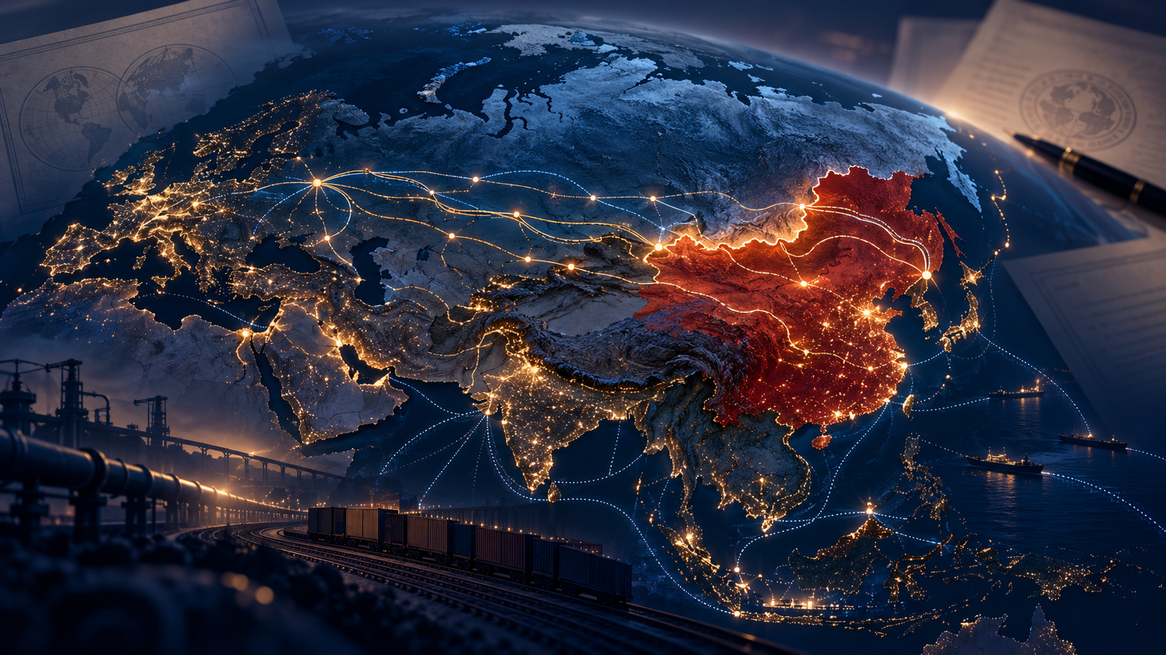 Illustrated map of Eurasia tracing transport and energy links across the region, with China highlighted.