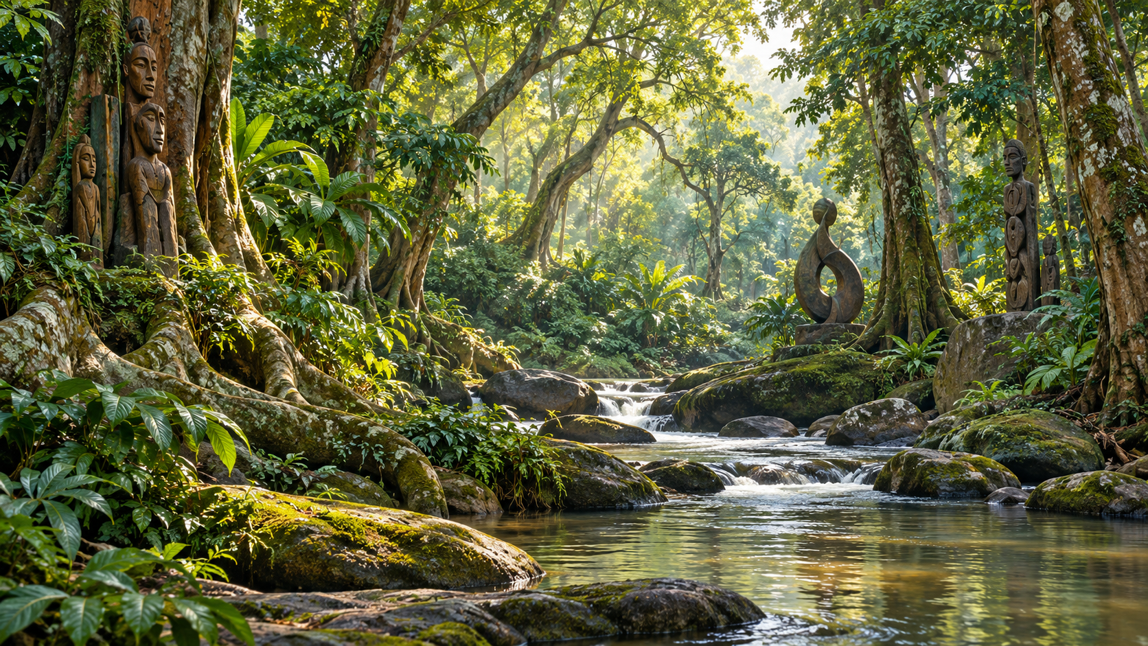 Conceptual illustration of a sacred Yoruba riverine grove; not a documentary image of Ọṣun-Òṣogbo.
