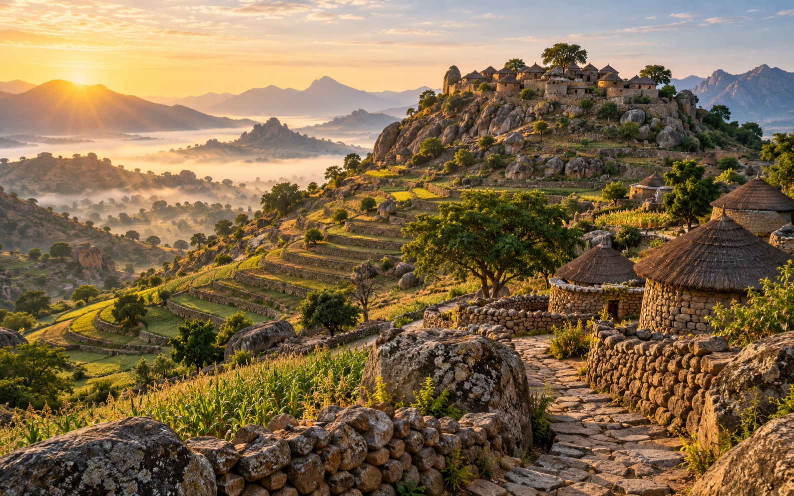Illustration of the terraced hillside, stone paths and palace architecture of Sukur Cultural Landscape in Nigeria.