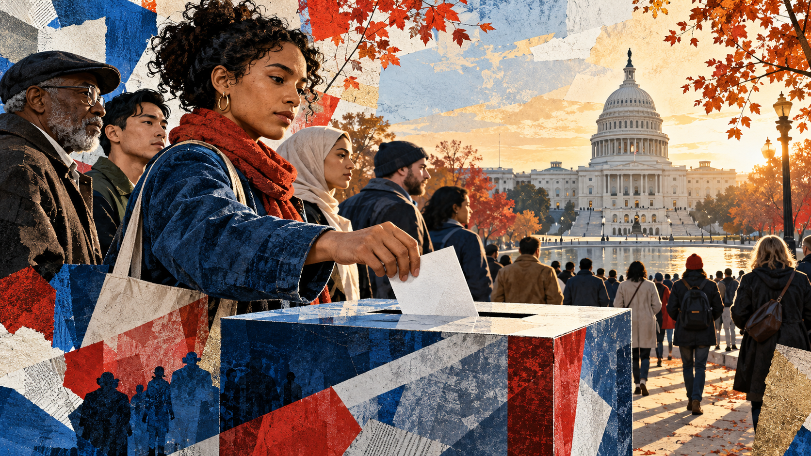 Illustration of the U.S. Capitol, ballot box and voters ahead of the 2026 midterm elections