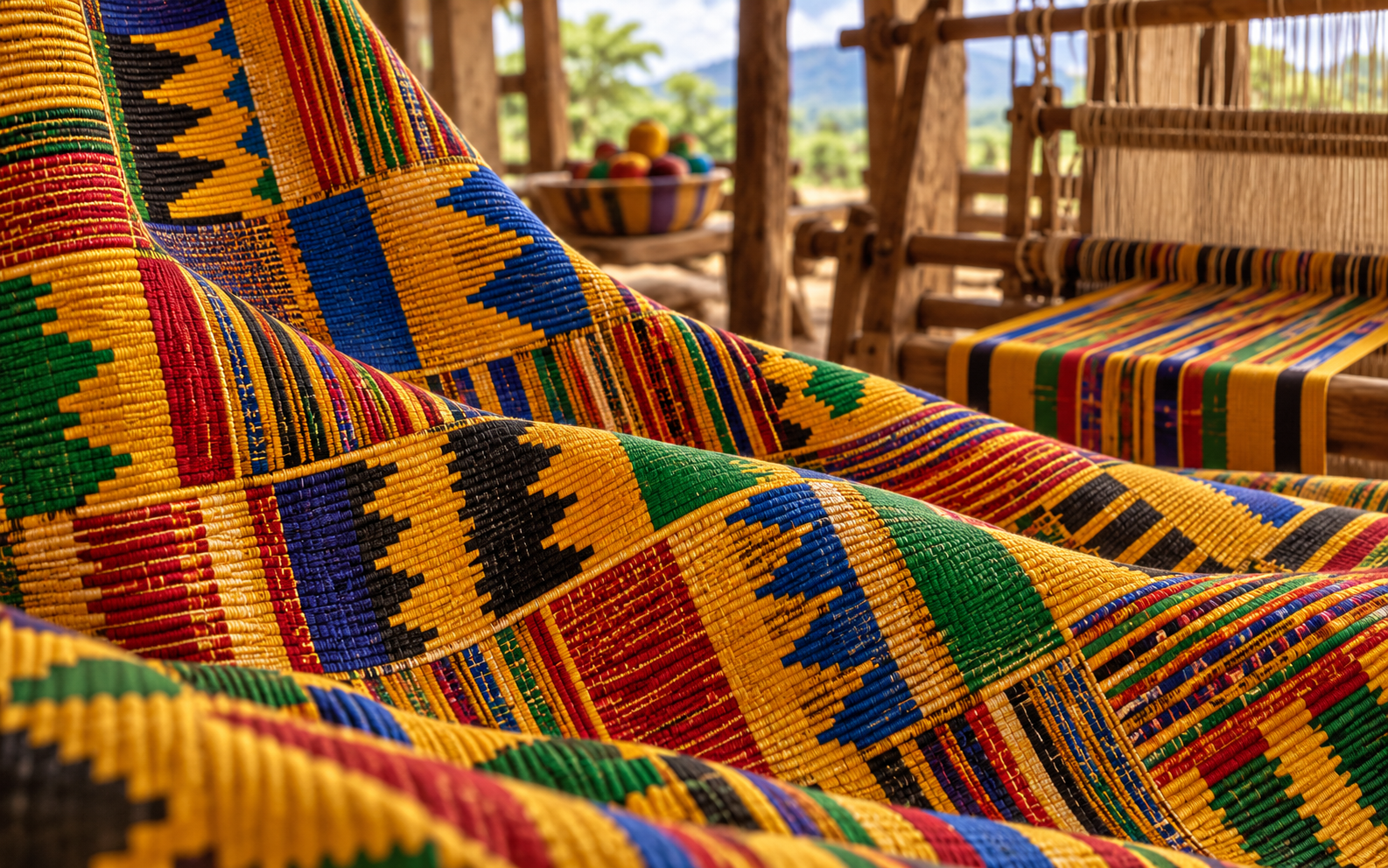 Illustration of Kente weaving in colourful strips, highlighting Ghanaian cloth craftsmanship and cultural storytelling.