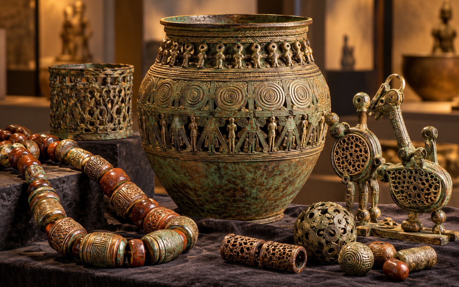 Illustration of Igbo-Ukwu bronze vessels and fine metalwork, representing the archaeological artistry of southeastern Nigeria.