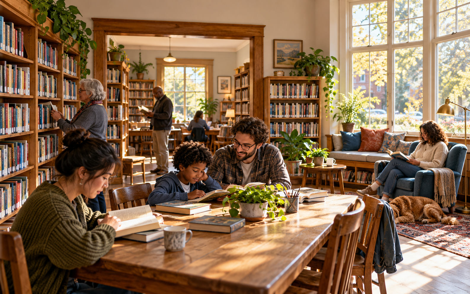 Illustration of a community library with bookshelves and welcoming spaces for readers and students.
