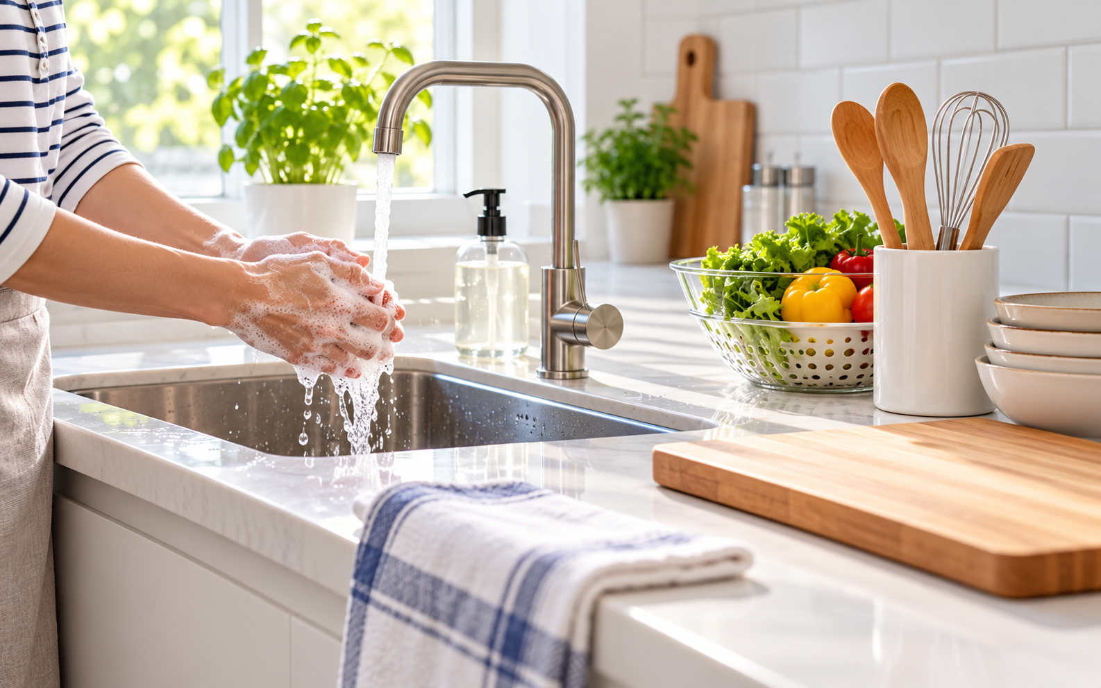 Illustration of hands cleaning a kitchen sink and counter before food preparation.