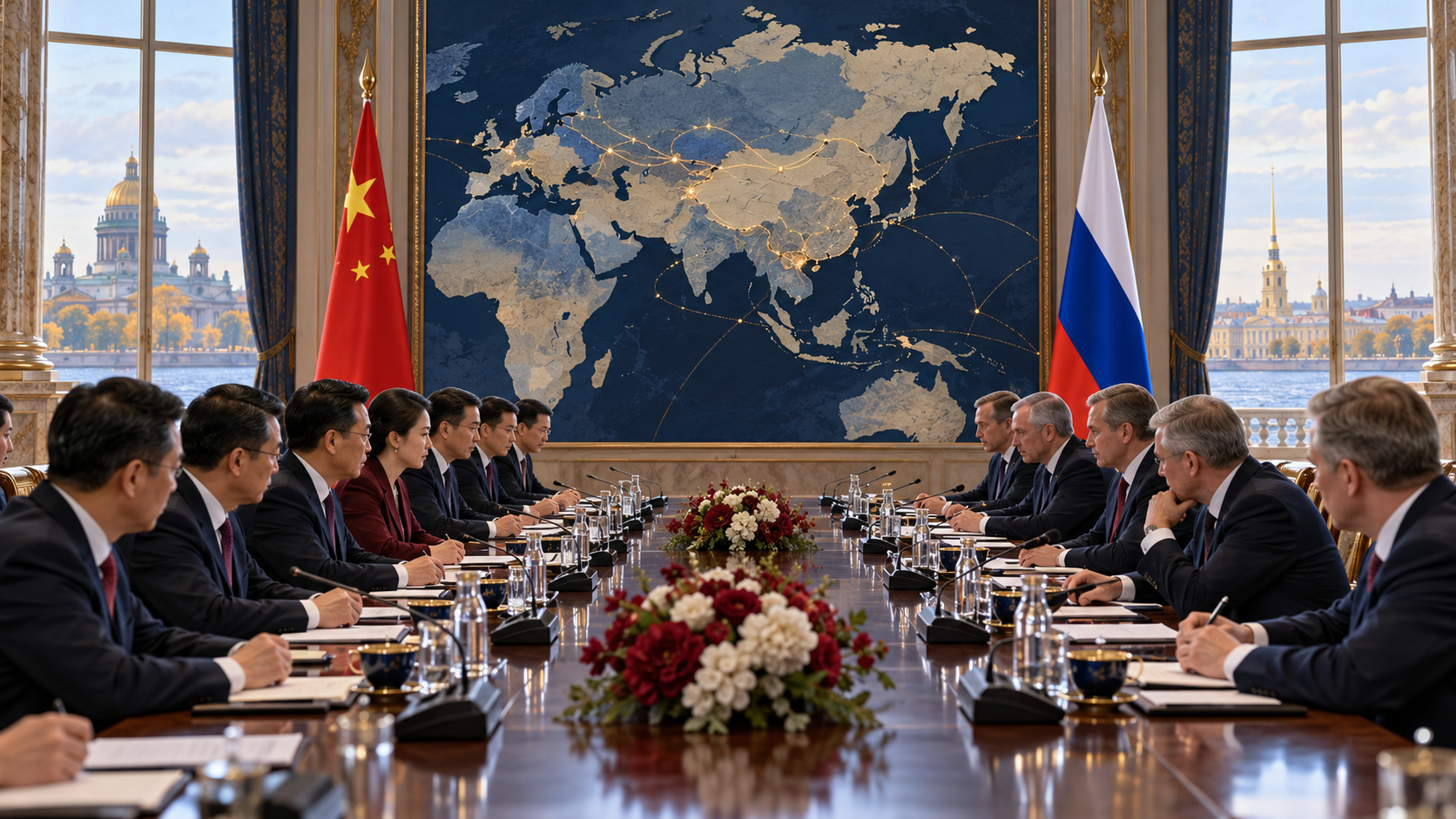 Chinese and Russian delegations meet in St Petersburg, with a map of Eurasia displayed behind them.