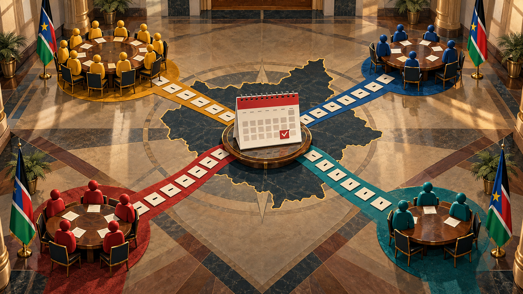 Original editorial illustration of four South Sudan political-party coalitions gathering around a national map and election calendar.