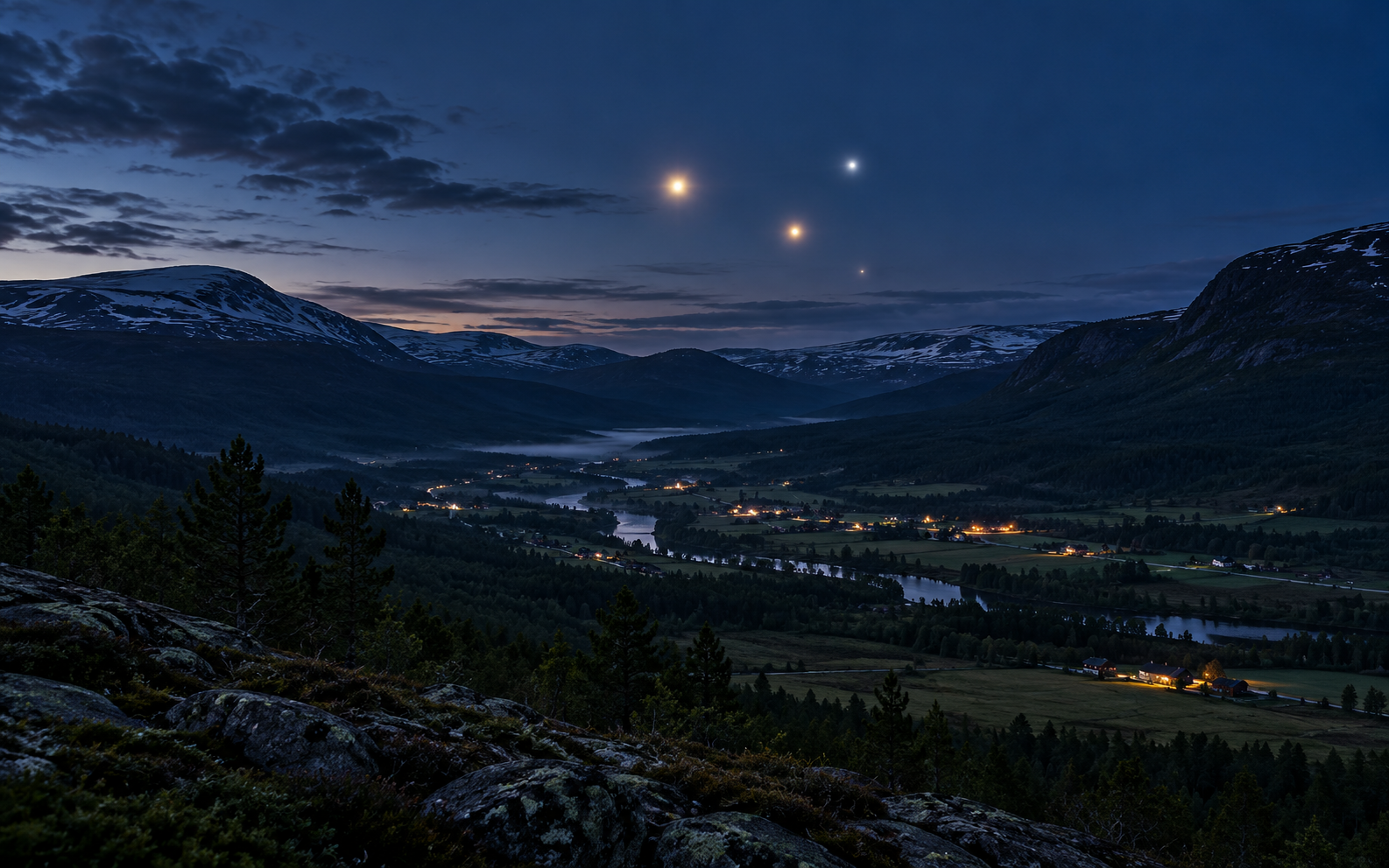 Hessdalen Valley Lights Illustration Illustration of unexplained lights above a mountain valley at night, representing the Hessdalen observation project.