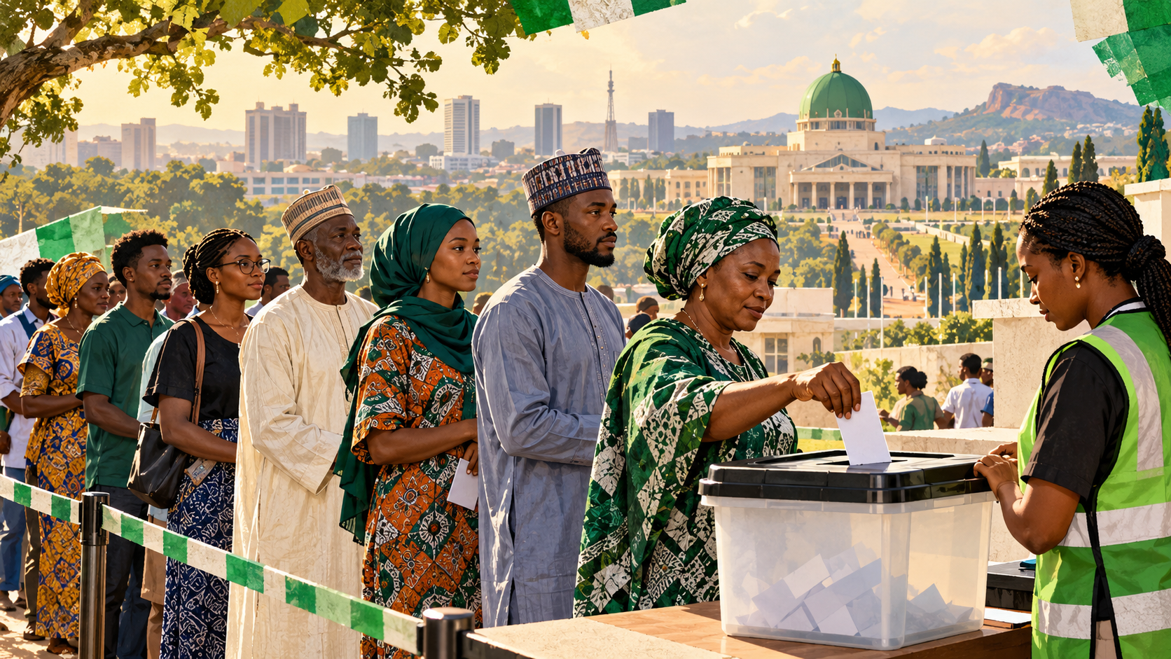 Editorial illustration of Nigerian voters preparing to participate in the 2027 election