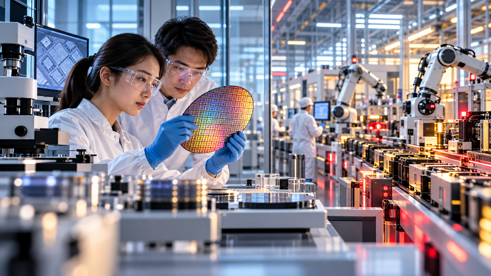 Editorial illustration of Chinese researchers examining a semiconductor wafer beside an advanced manufacturing line.