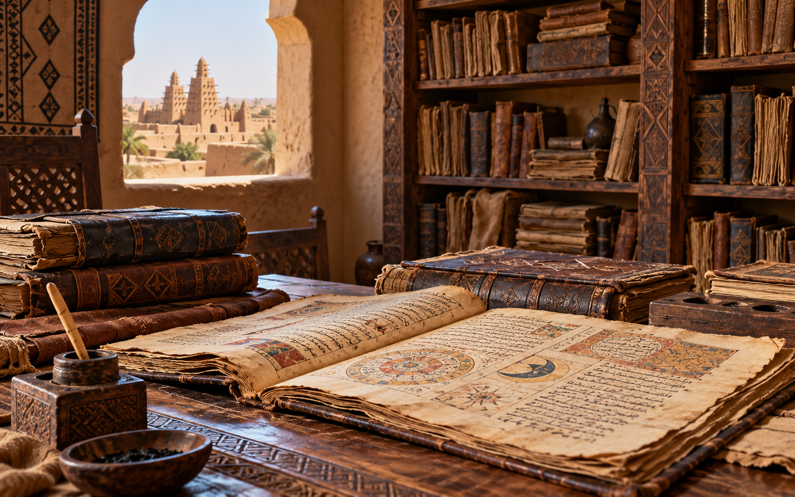 Illustration of Timbuktu manuscripts and a family library, representing generations of scholarship and preservation in Mali.
