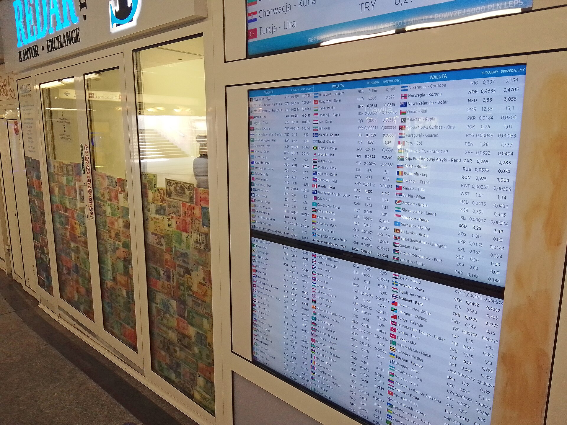 Exif_JPEG_420 Currency exchange board showing foreign-exchange rates at a Warsaw bureau de change; illustrative image.