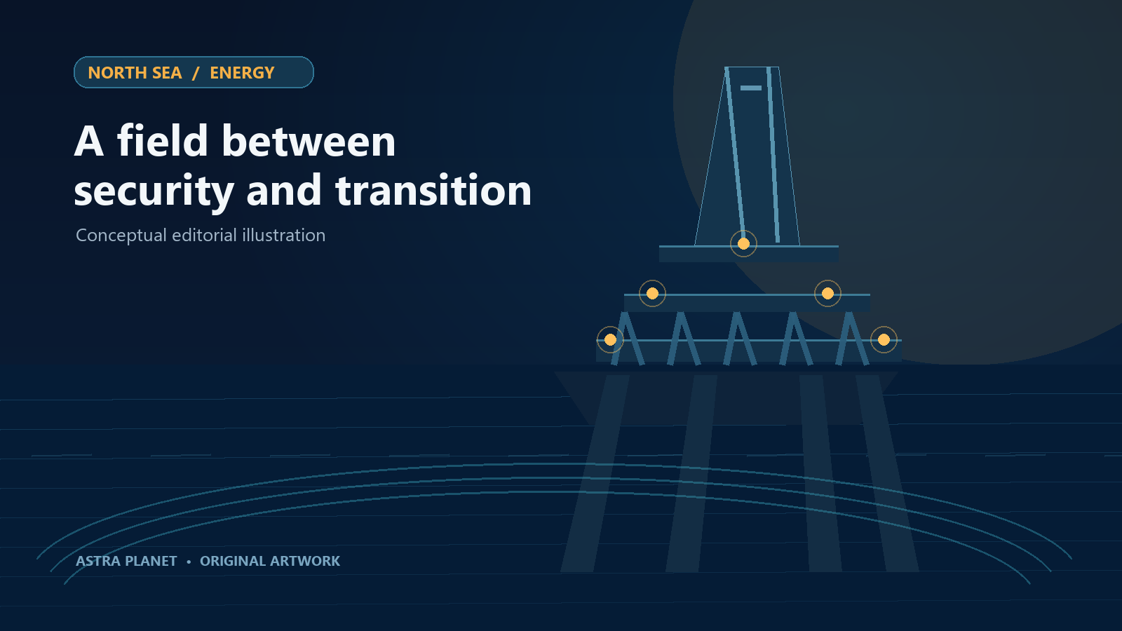 Original illustration of a North Sea gas platform at dusk, created for ASTRA Planet’s coverage of the Jackdaw field.