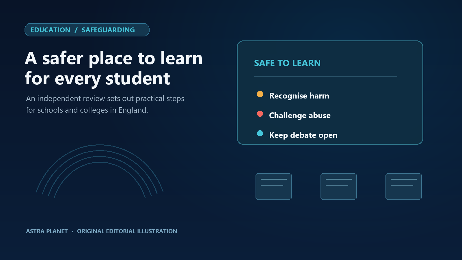 A safer place to learn for every student Original editorial illustration depicting a safeguarding framework for schools and colleges in England.